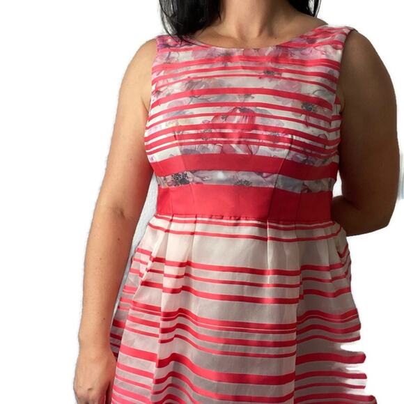 Kay Unger Striped Floral Fit & Flare Silk Dress Size 2 - Picture 2 of 6
